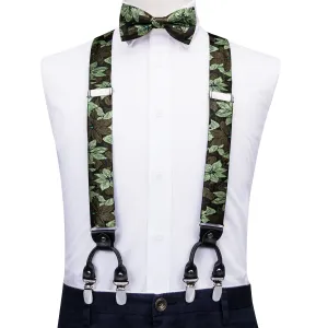 Hi-Tie Black Green Floral Suspender Bowtie Pocket Square Cufflinks Set