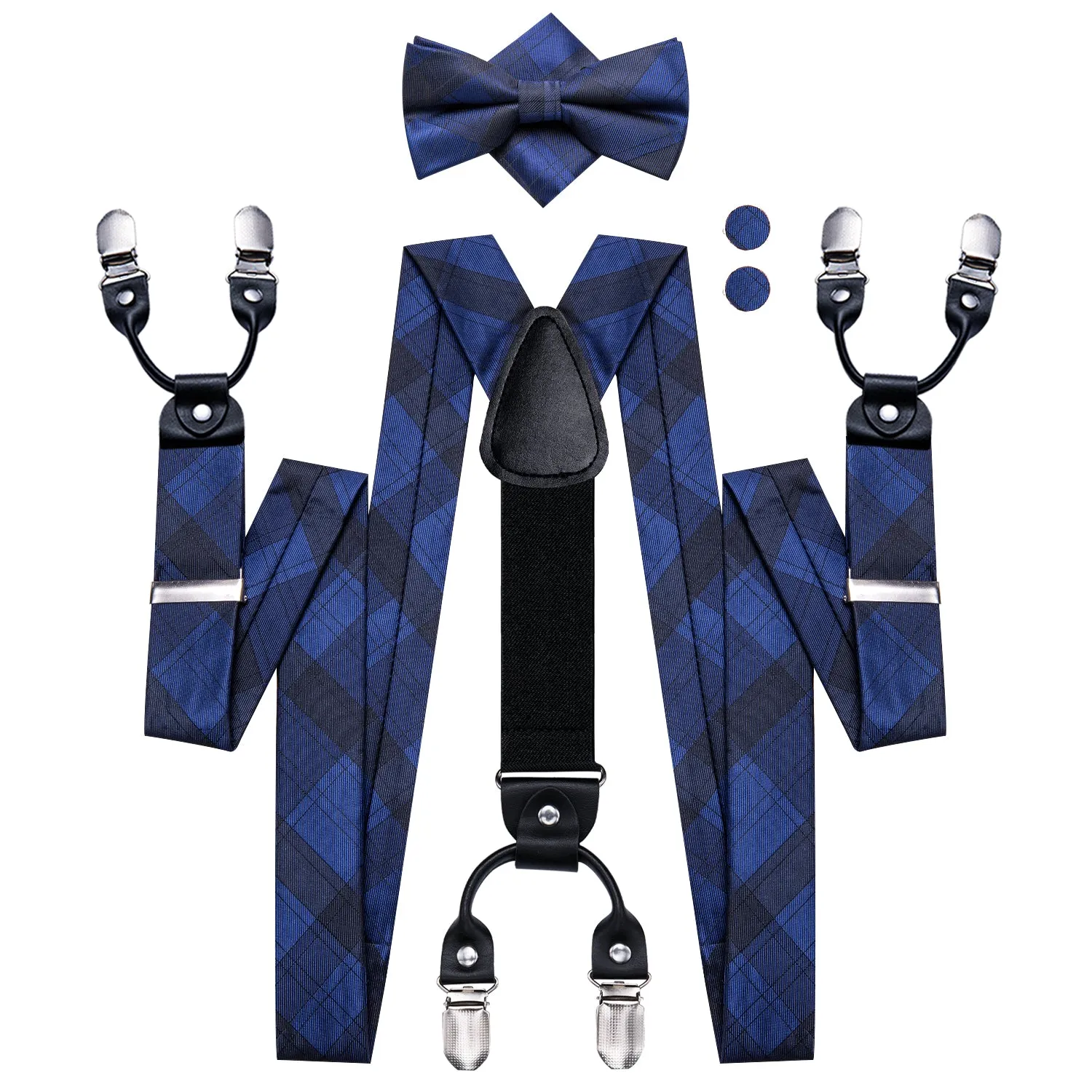 Hi-Tie  Blue Black Plaid Suspender Bowtie Hanky Cufflinks Set