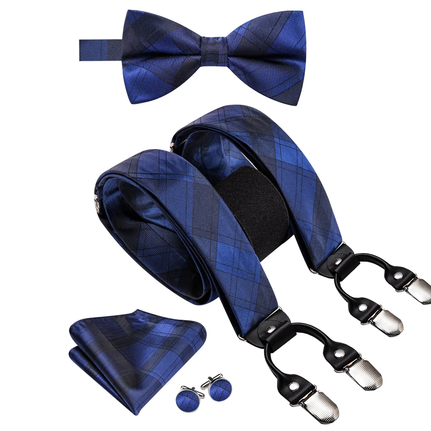 Hi-Tie  Blue Black Plaid Suspender Bowtie Hanky Cufflinks Set