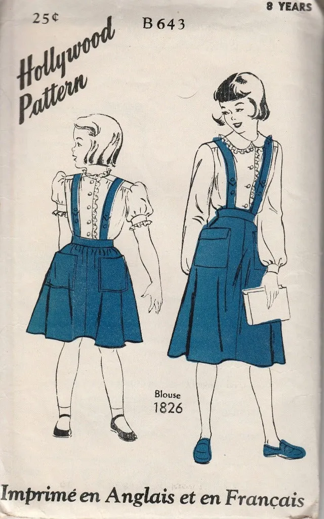 Hollywood 643 Young Girls Flared Suspender Skirt Vintage 1940's Sewing Pattern