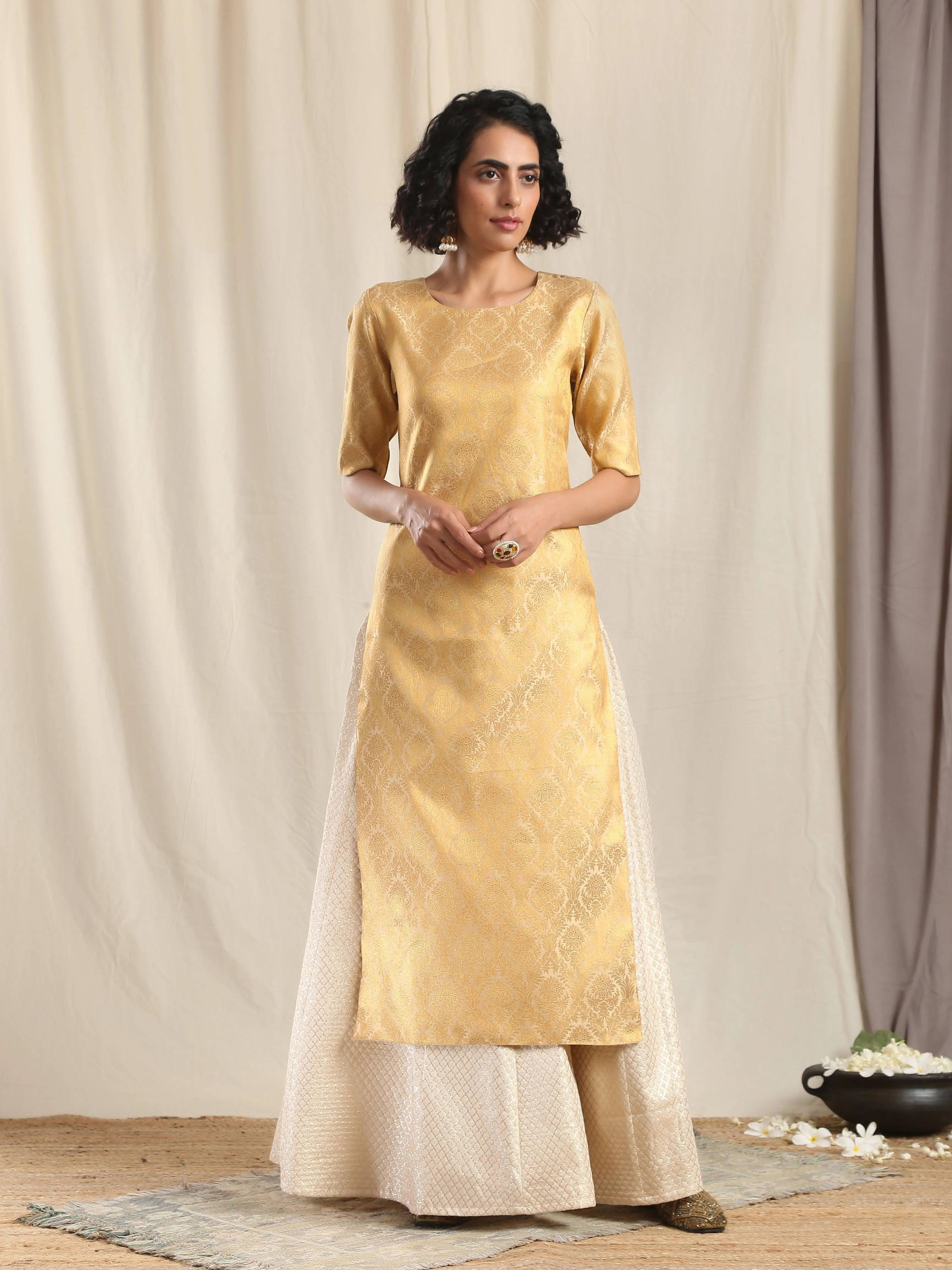 Ivory Gold Brocade Slit Kurta Skirt Set