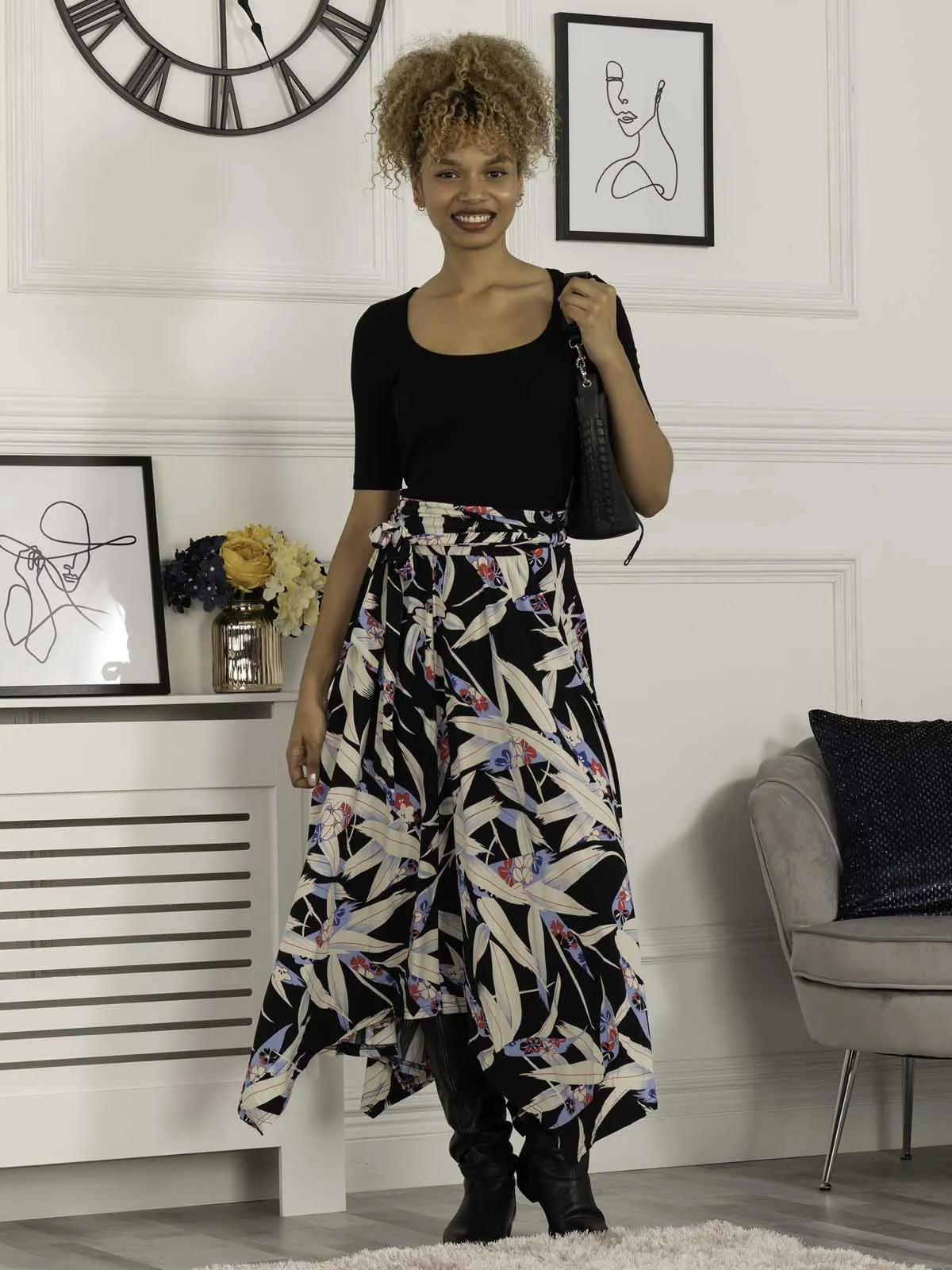 Jolie Moi Cady Maxi Skirt, Black Leafy