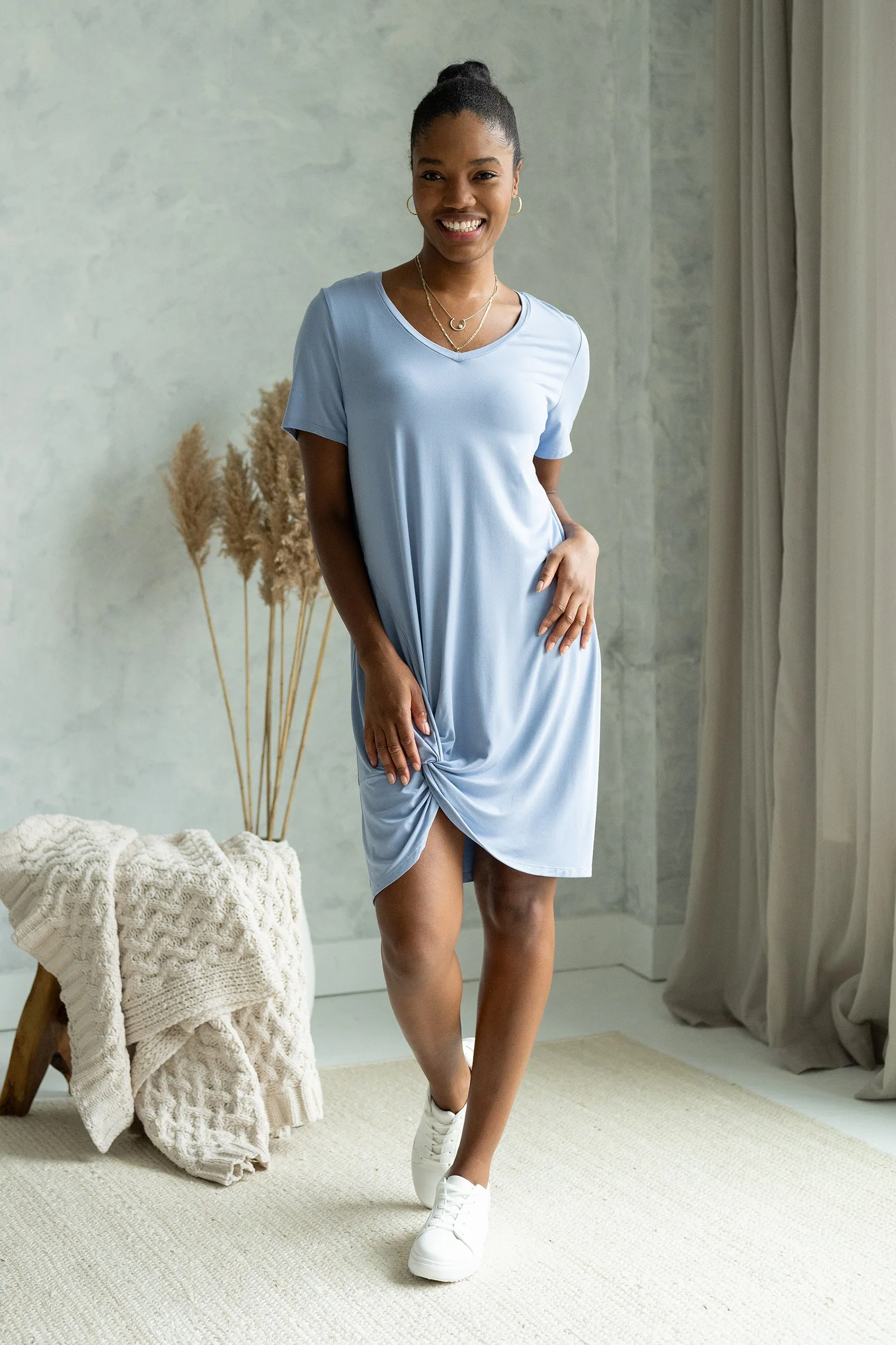 Lilah Twist Knot Bamboo T-shirt Dress - Powder Blue