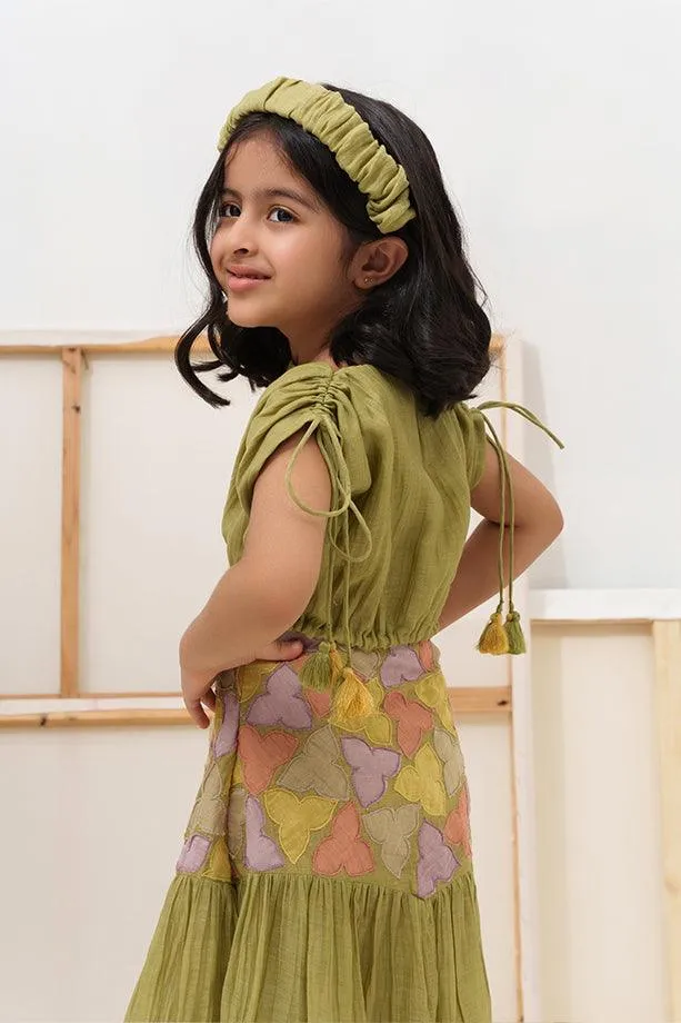 Little Tea Pot- Green Chanderi Silk Hand Embroidered  Scrunched Top & Trumpet Skirt Set for Girls