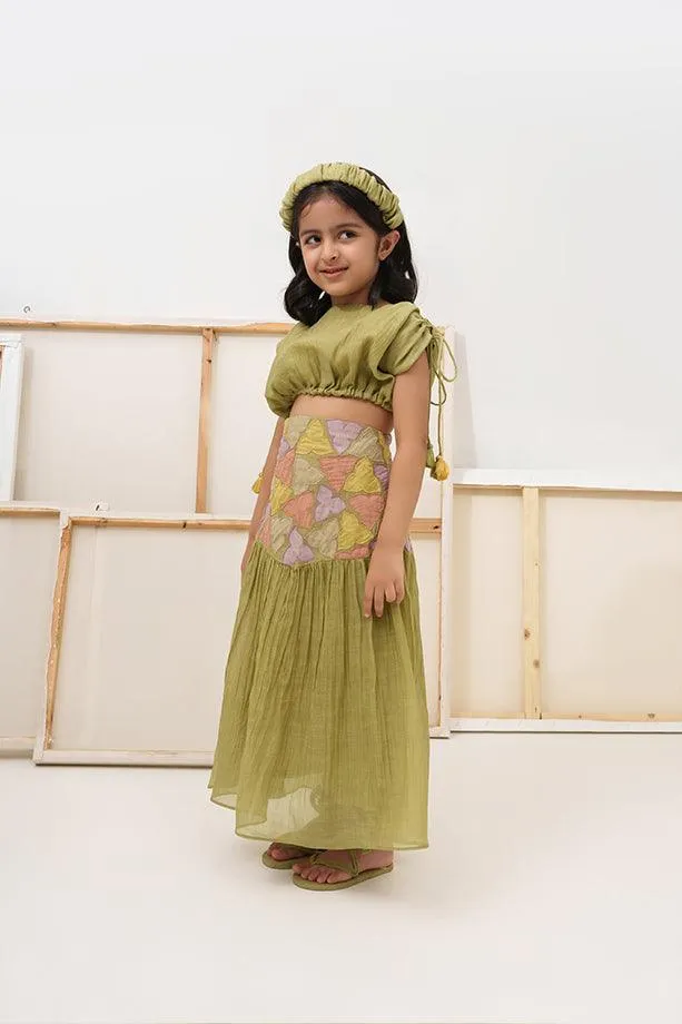 Little Tea Pot- Green Chanderi Silk Hand Embroidered  Scrunched Top & Trumpet Skirt Set for Girls