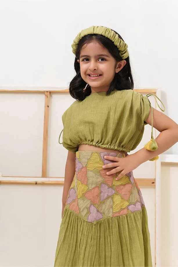 Little Tea Pot- Green Chanderi Silk Hand Embroidered  Scrunched Top & Trumpet Skirt Set for Girls