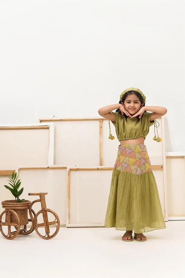 Little Tea Pot- Green Chanderi Silk Hand Embroidered  Scrunched Top & Trumpet Skirt Set for Girls