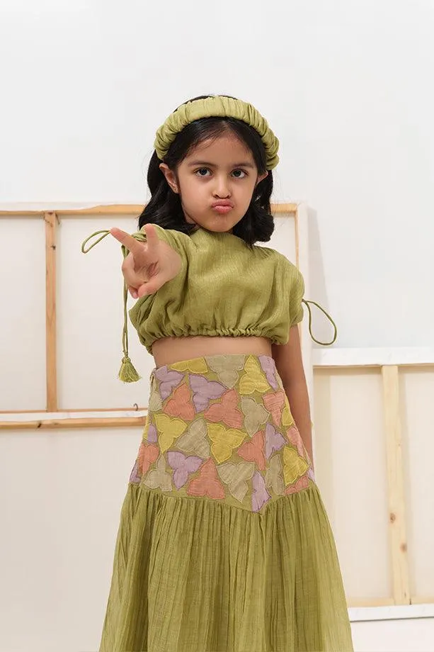 Little Tea Pot- Green Chanderi Silk Hand Embroidered  Scrunched Top & Trumpet Skirt Set for Girls