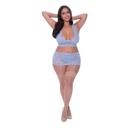 Magic Silk Ooh La Lace Bralette: Garter Skirt & G-String Set Periwinkle Queen Size