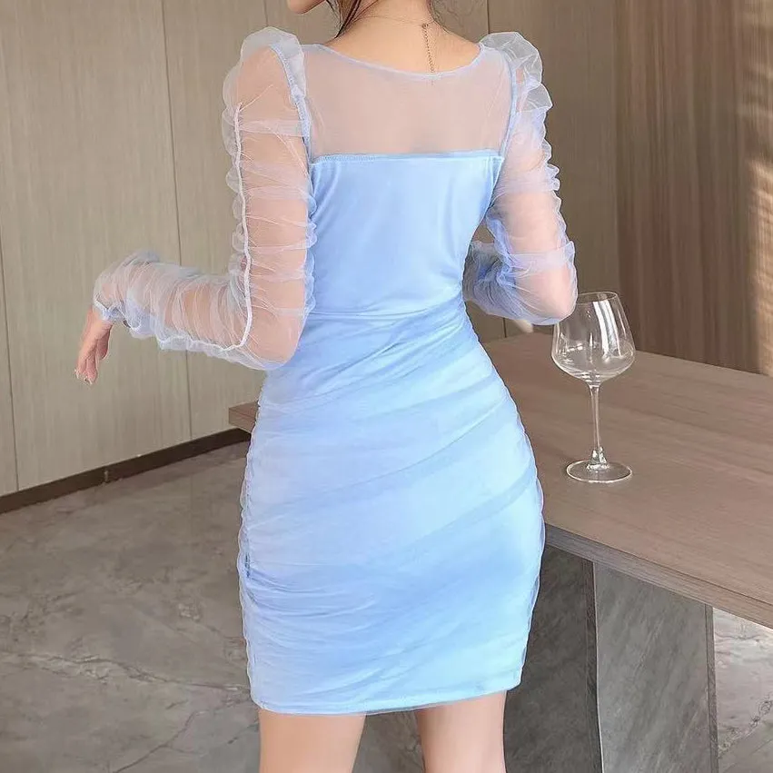 Mesh Ruffle Long Sleeve Wrap Hip Dress