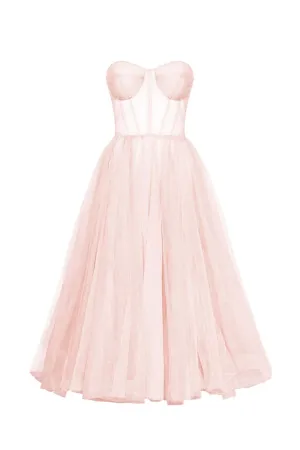 Misty Rose Strapless Puffy Midi Tulle Dress