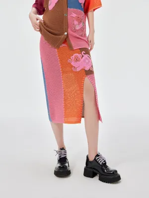 MUKZIN Knitted Multicolor Patchwork Straight Midi Skirt