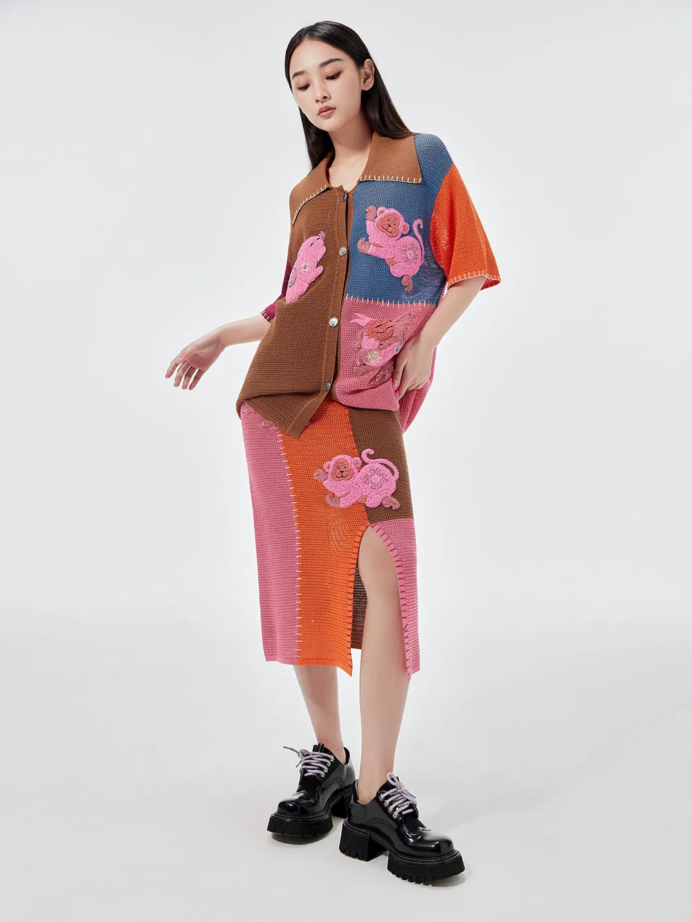 MUKZIN Knitted Multicolor Patchwork Straight Midi Skirt