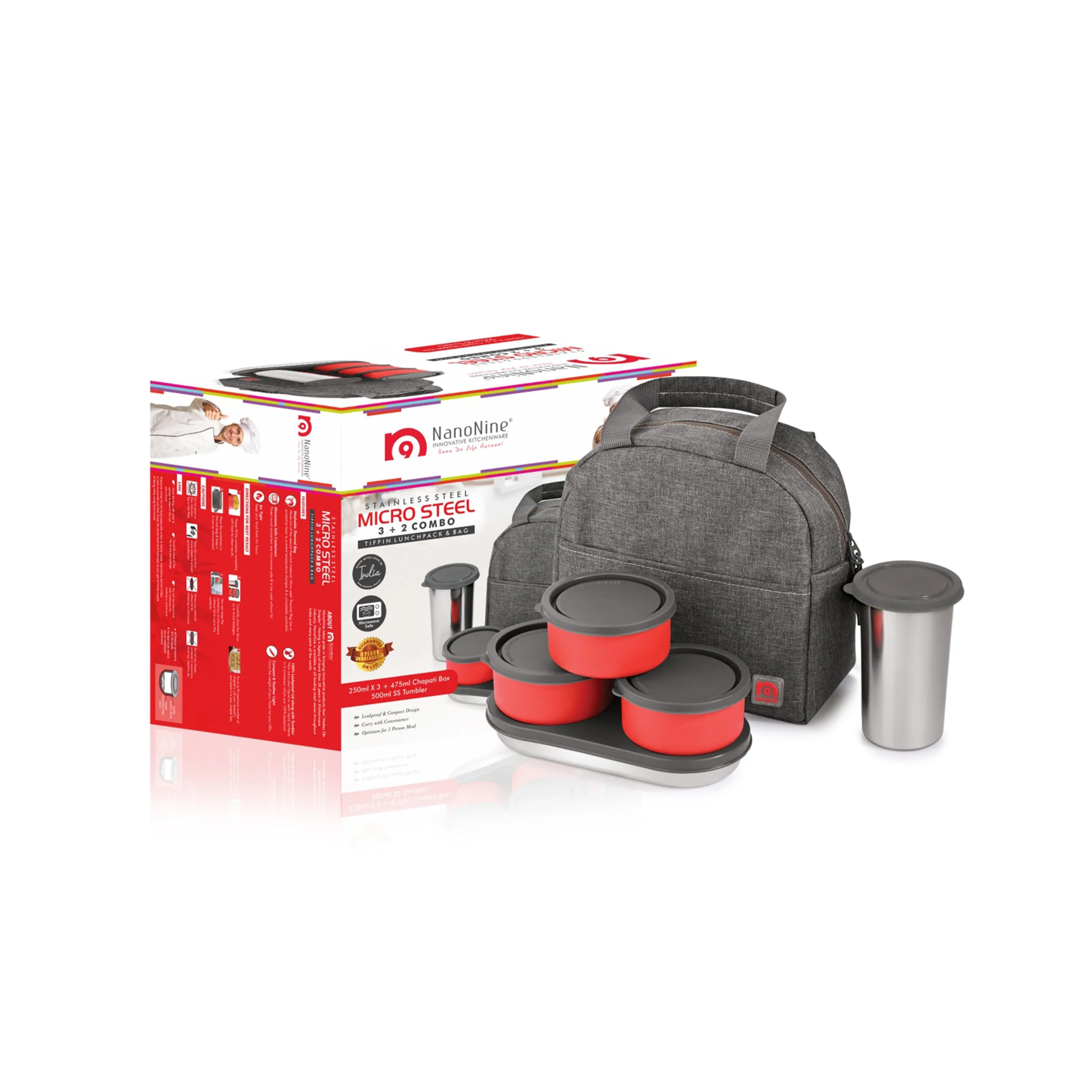 NanoNine Micro Steel Chapati Combo with Tumbler (3 2) Stainless Steel Containers 250ml x 3, 1 Chapati Box, with 1 Tumbler and Insulated Bag for Fresh and Delicious Meals On-the-Go