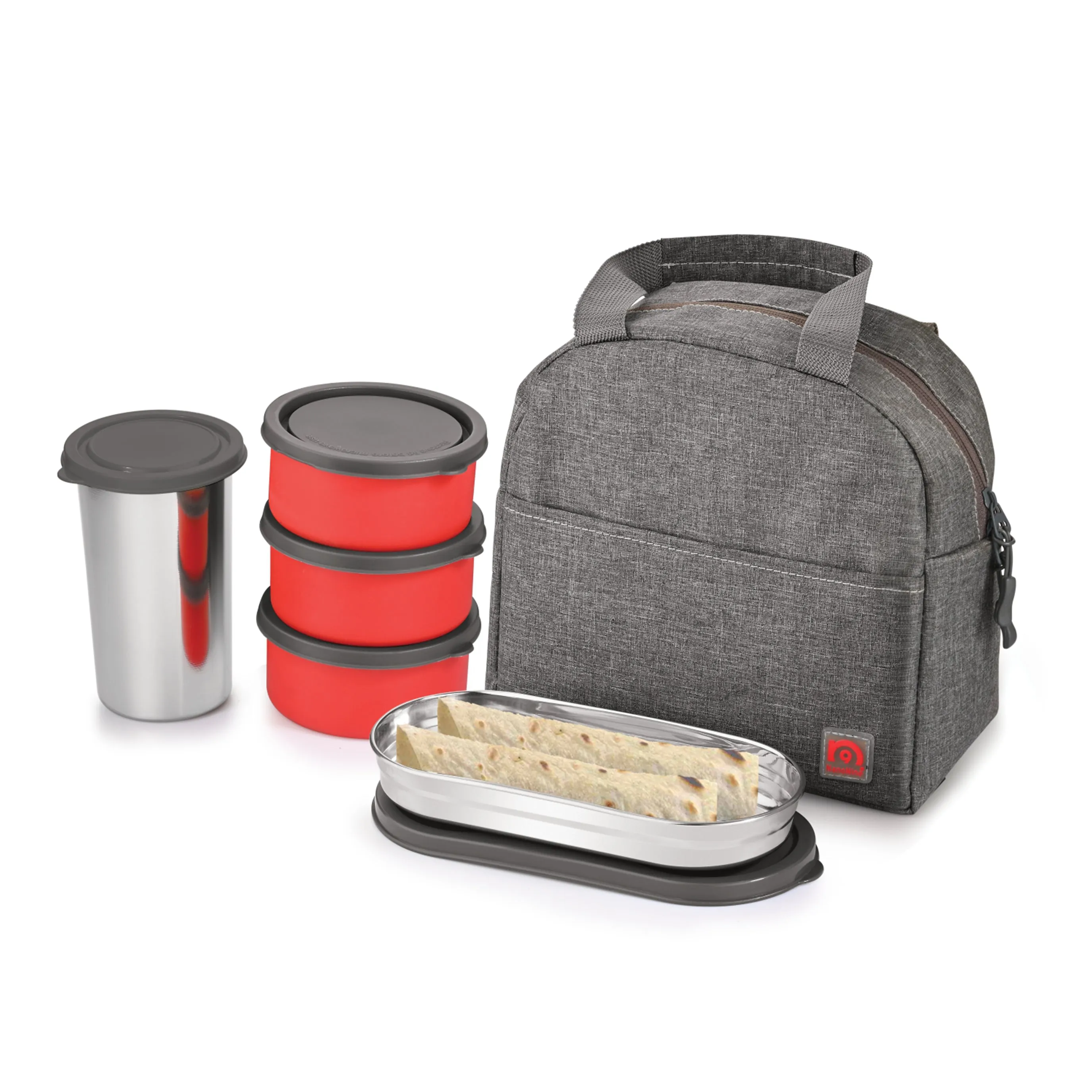 NanoNine Micro Steel Chapati Combo with Tumbler (3 2) Stainless Steel Containers 250ml x 3, 1 Chapati Box, with 1 Tumbler and Insulated Bag for Fresh and Delicious Meals On-the-Go