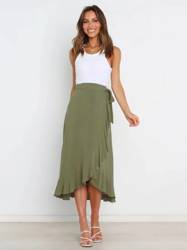 One Piece Tie Long Skirt Irregular Cover Hip Solid Color Skirt