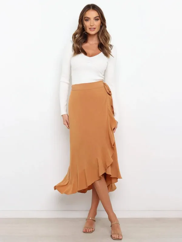 One Piece Tie Long Skirt Irregular Cover Hip Solid Color Skirt