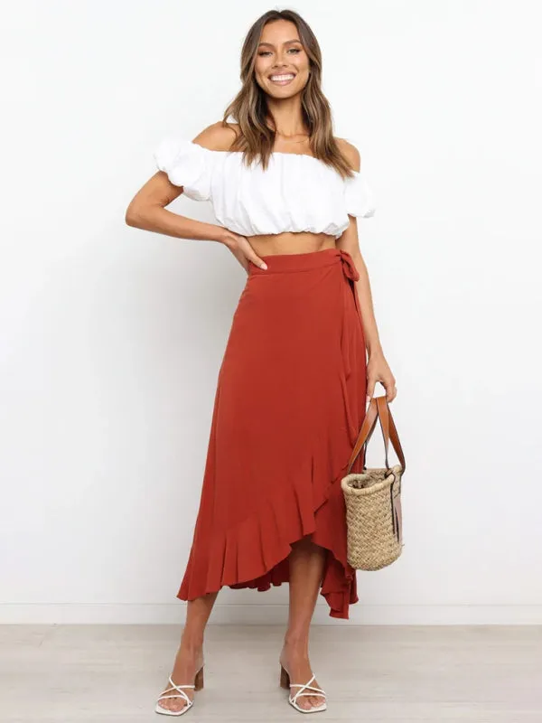 One Piece Tie Long Skirt Irregular Cover Hip Solid Color Skirt