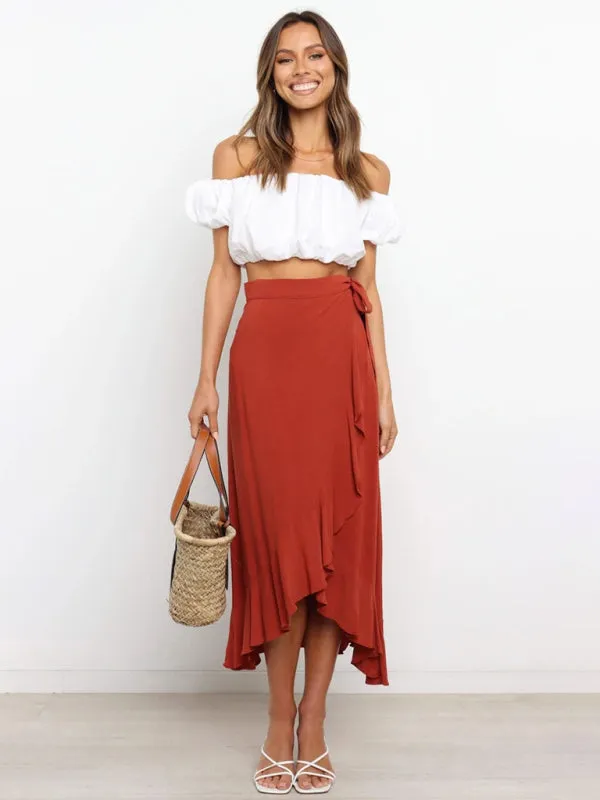 One Piece Tie Long Skirt Irregular Cover Hip Solid Color Skirt