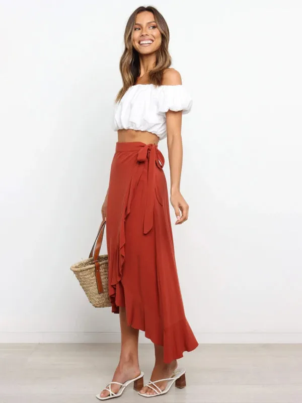 One Piece Tie Long Skirt Irregular Cover Hip Solid Color Skirt