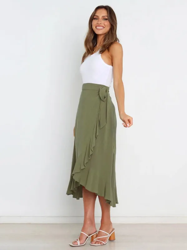 One Piece Tie Long Skirt Irregular Cover Hip Solid Color Skirt