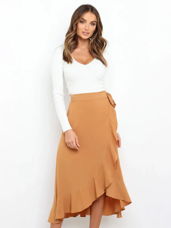 One Piece Tie Long Skirt Irregular Cover Hip Solid Color Skirt