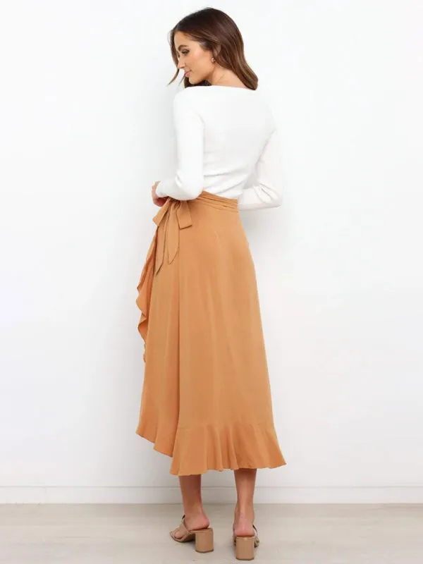 One Piece Tie Long Skirt Irregular Cover Hip Solid Color Skirt