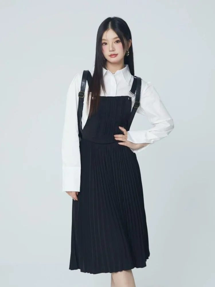 Pleated suspender skirt and shirt【s0000004069】