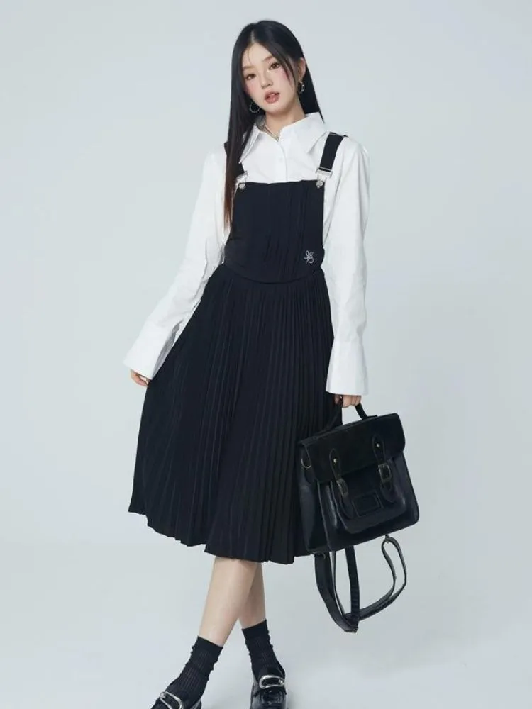 Pleated suspender skirt and shirt【s0000004069】