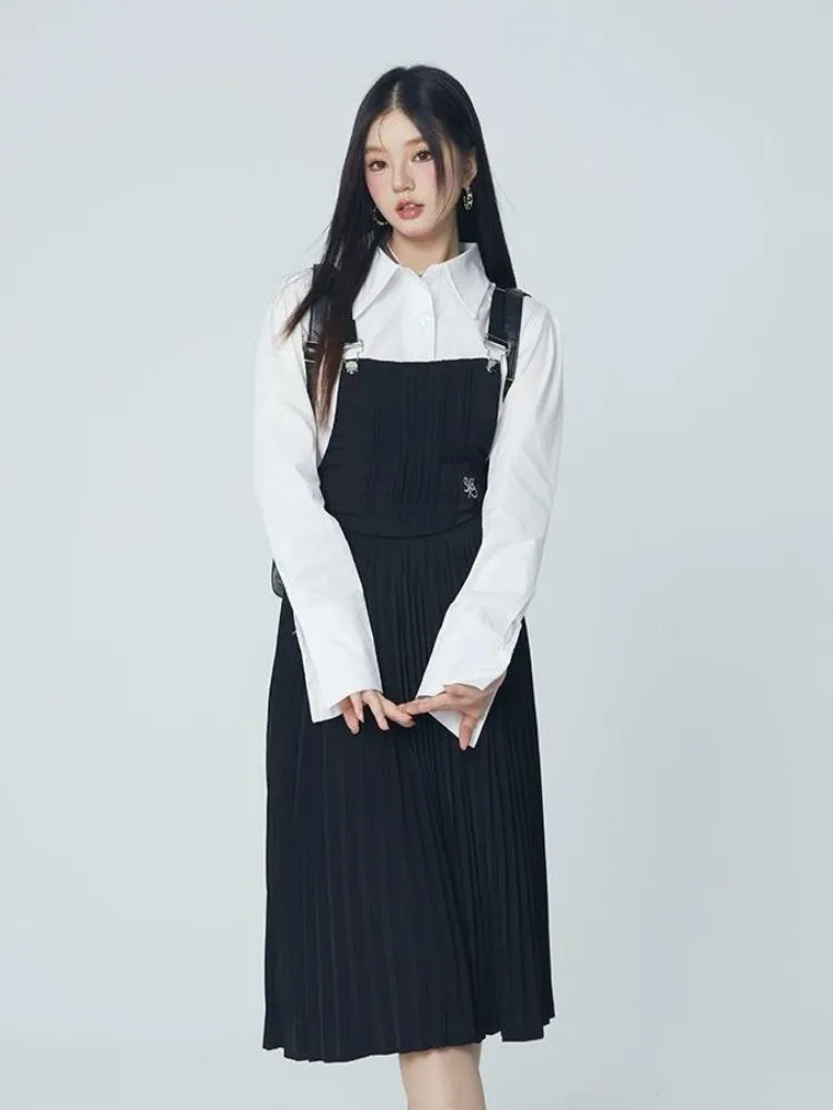 Pleated suspender skirt and shirt【s0000004069】