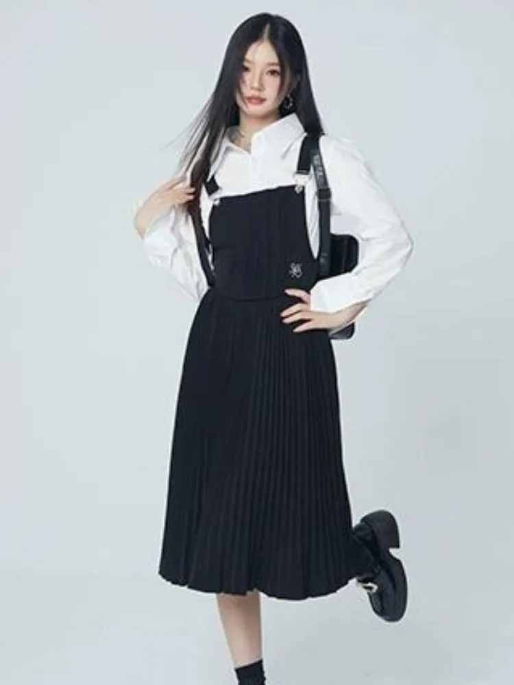 Pleated suspender skirt and shirt【s0000004069】