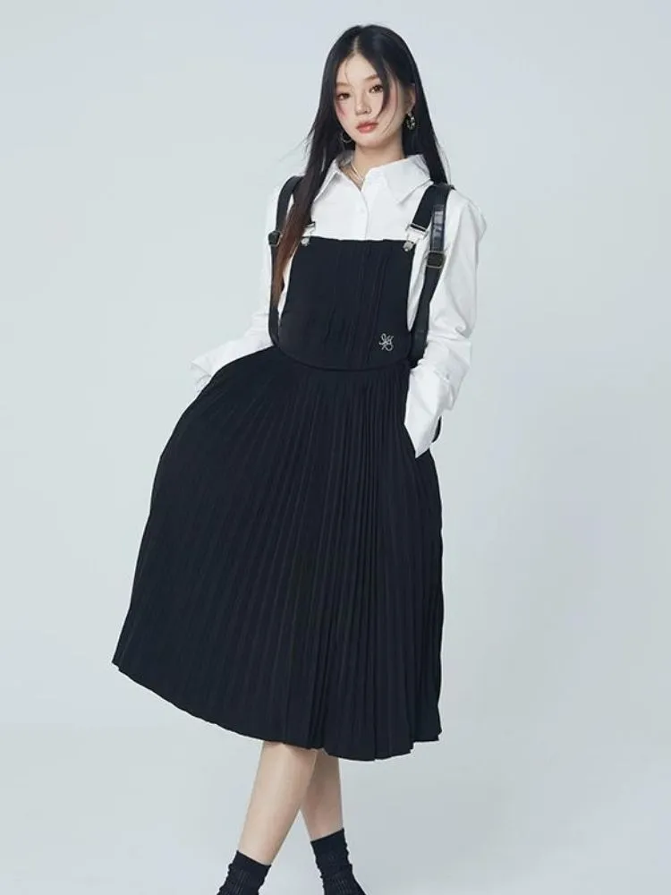 Pleated suspender skirt and shirt【s0000004069】