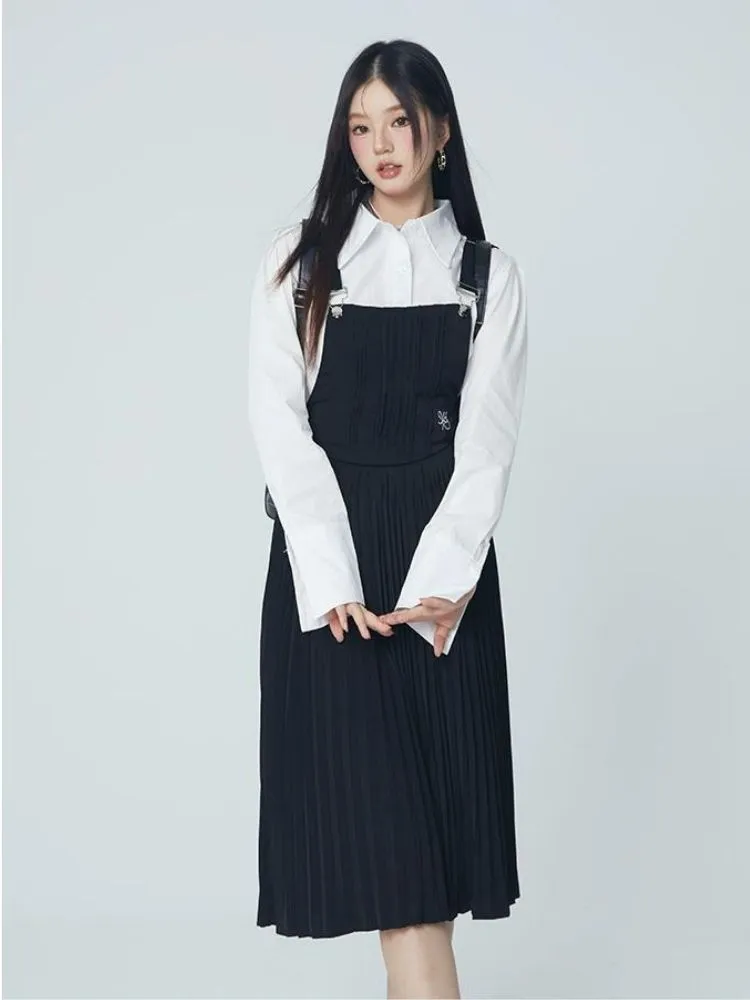 Pleated suspender skirt and shirt【s0000004069】