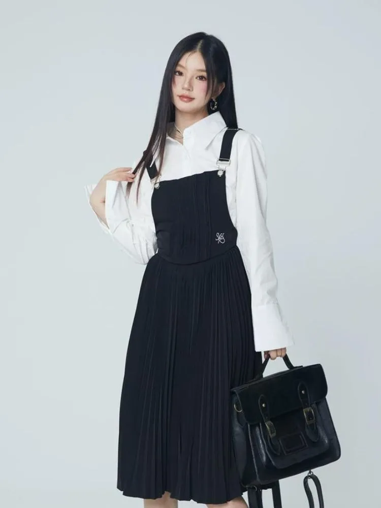 Pleated suspender skirt and shirt【s0000004069】