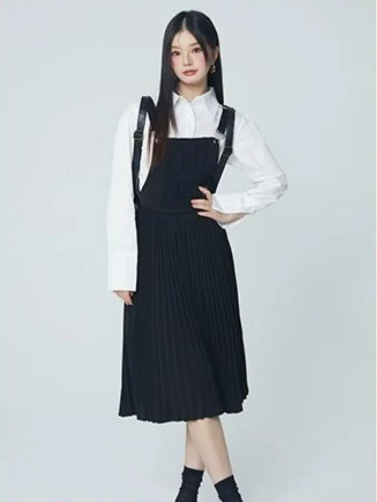 Pleated suspender skirt and shirt【s0000004069】