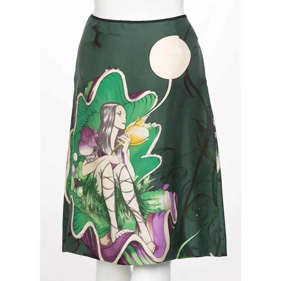 PRADA FAIRY JAMES JEAN 2008 Emerald Green Print Silk Skirt | Size 42