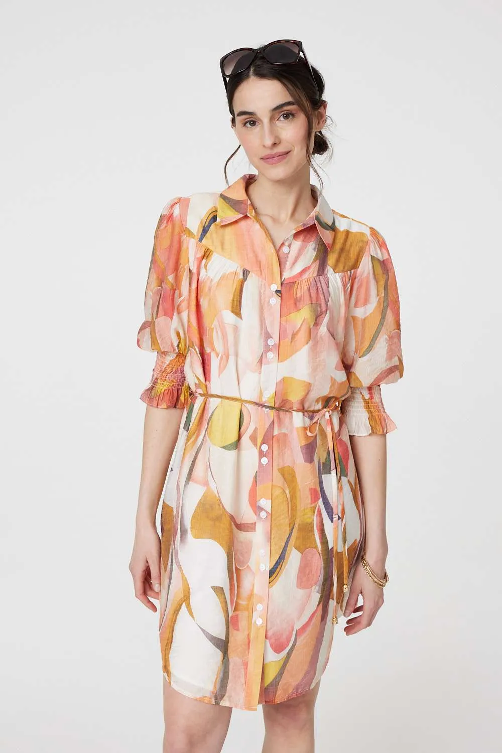 Printed 3/4 Puff Sleeve Shirt Dress