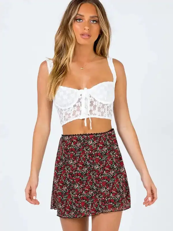 Printed mesh skirt high waist double layer slim wrap hip skirt