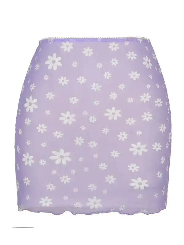 Printed mesh skirt high waist double layer slim wrap hip skirt