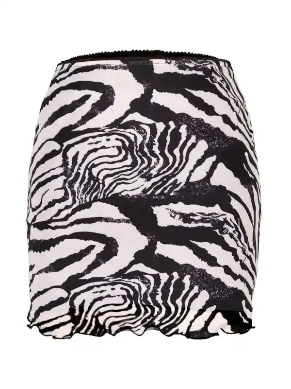 Printed mesh skirt high waist double layer slim wrap hip skirt