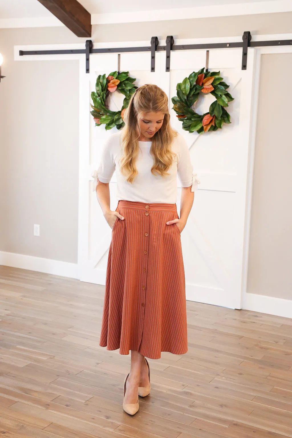 Pumpkin Pinstripe Midi Skirt