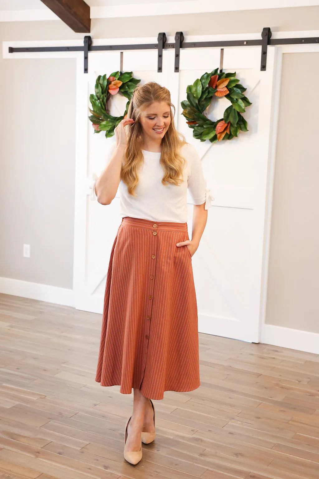 Pumpkin Pinstripe Midi Skirt