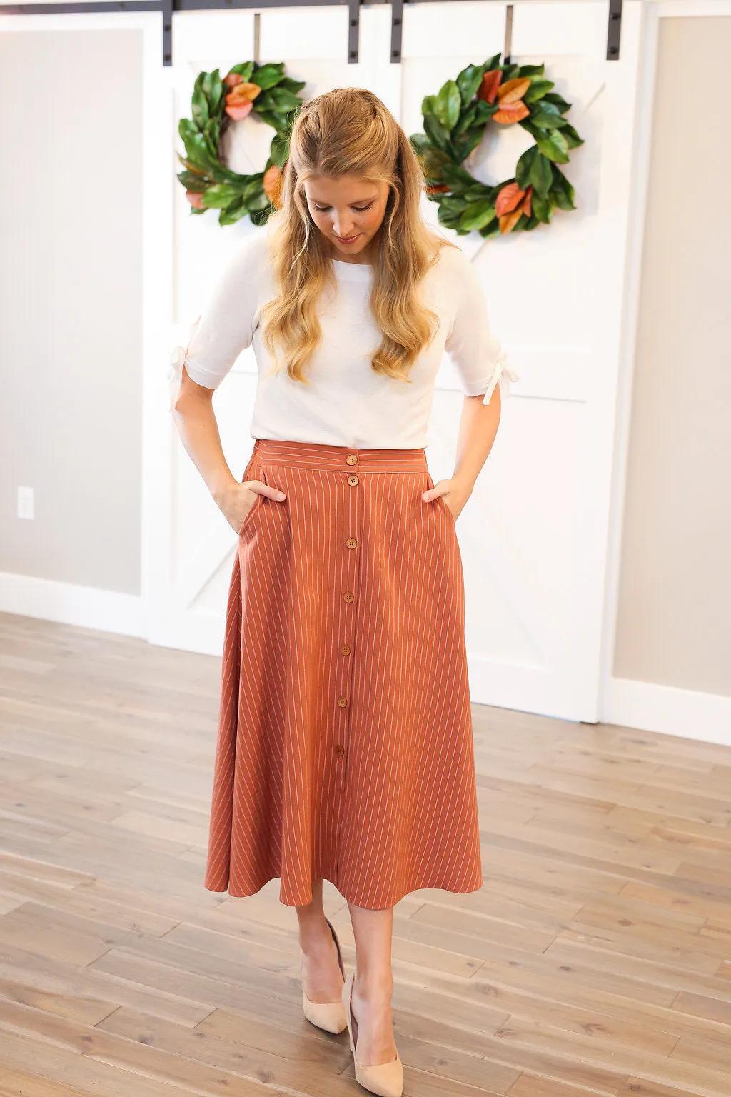 Pumpkin Pinstripe Midi Skirt