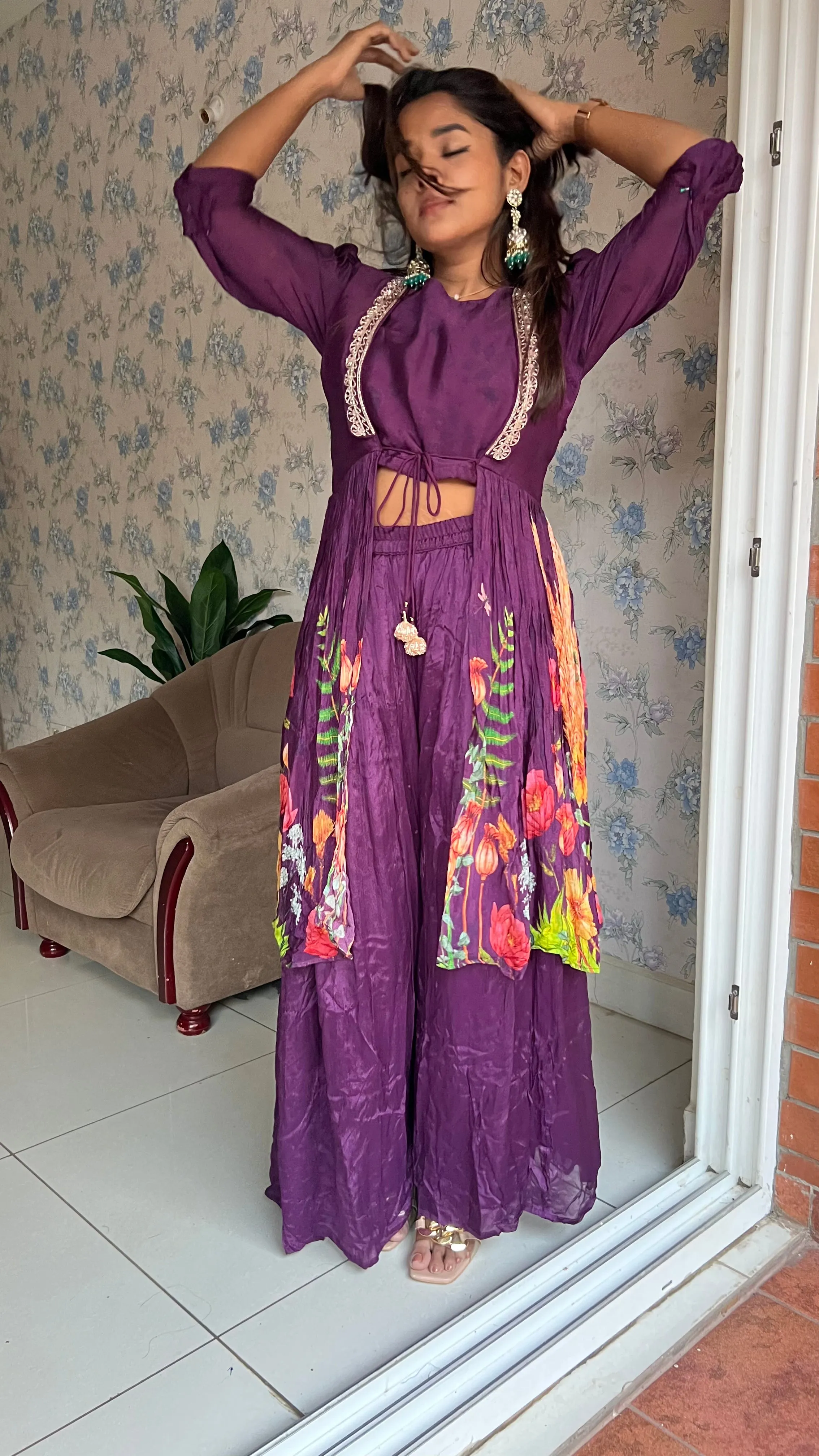 Purple chinnon floral embroidered 2 piece coord suit