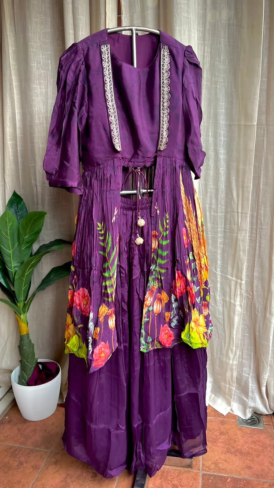 Purple chinnon floral embroidered 2 piece coord suit