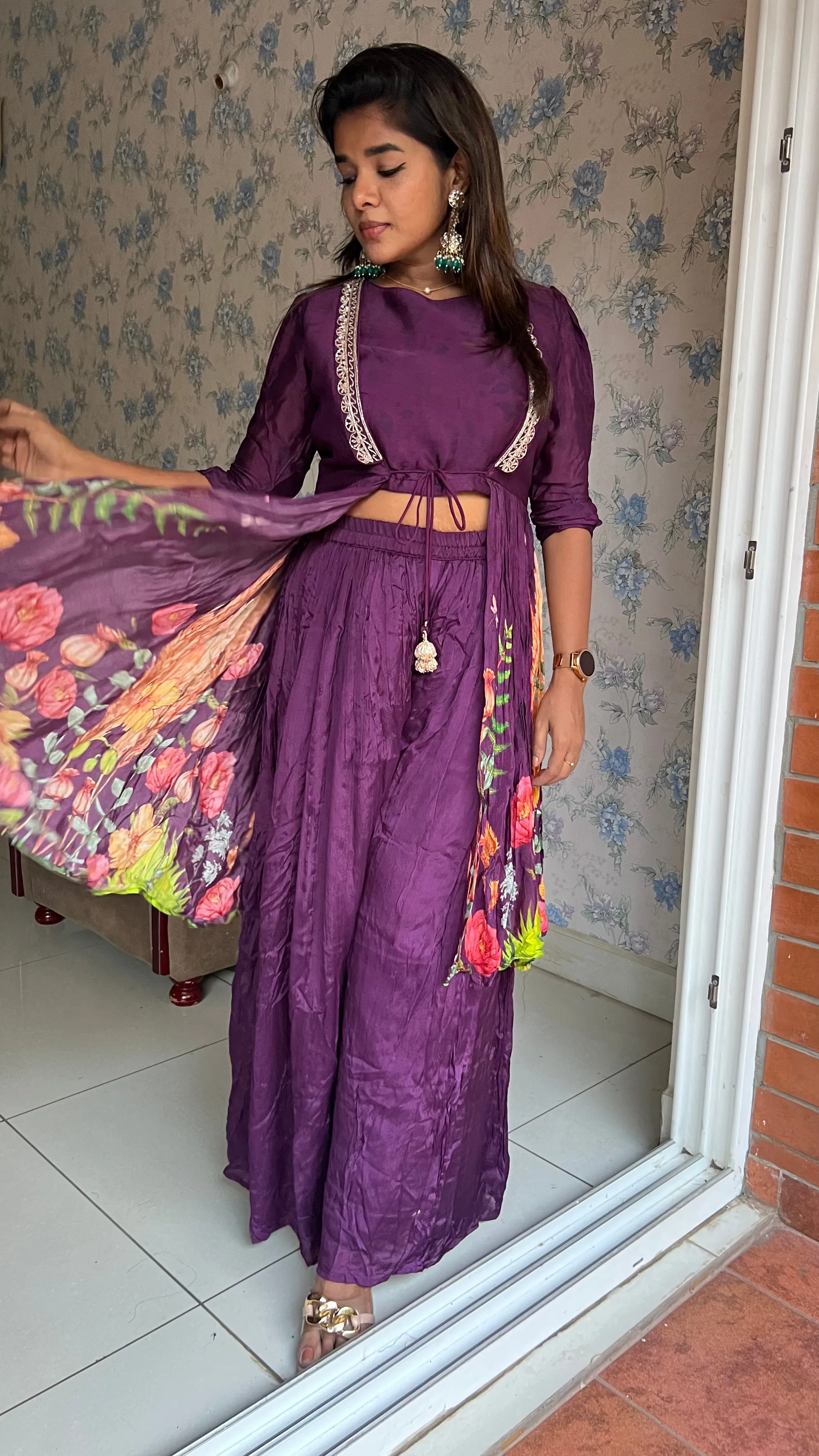 Purple chinnon floral embroidered 2 piece coord suit