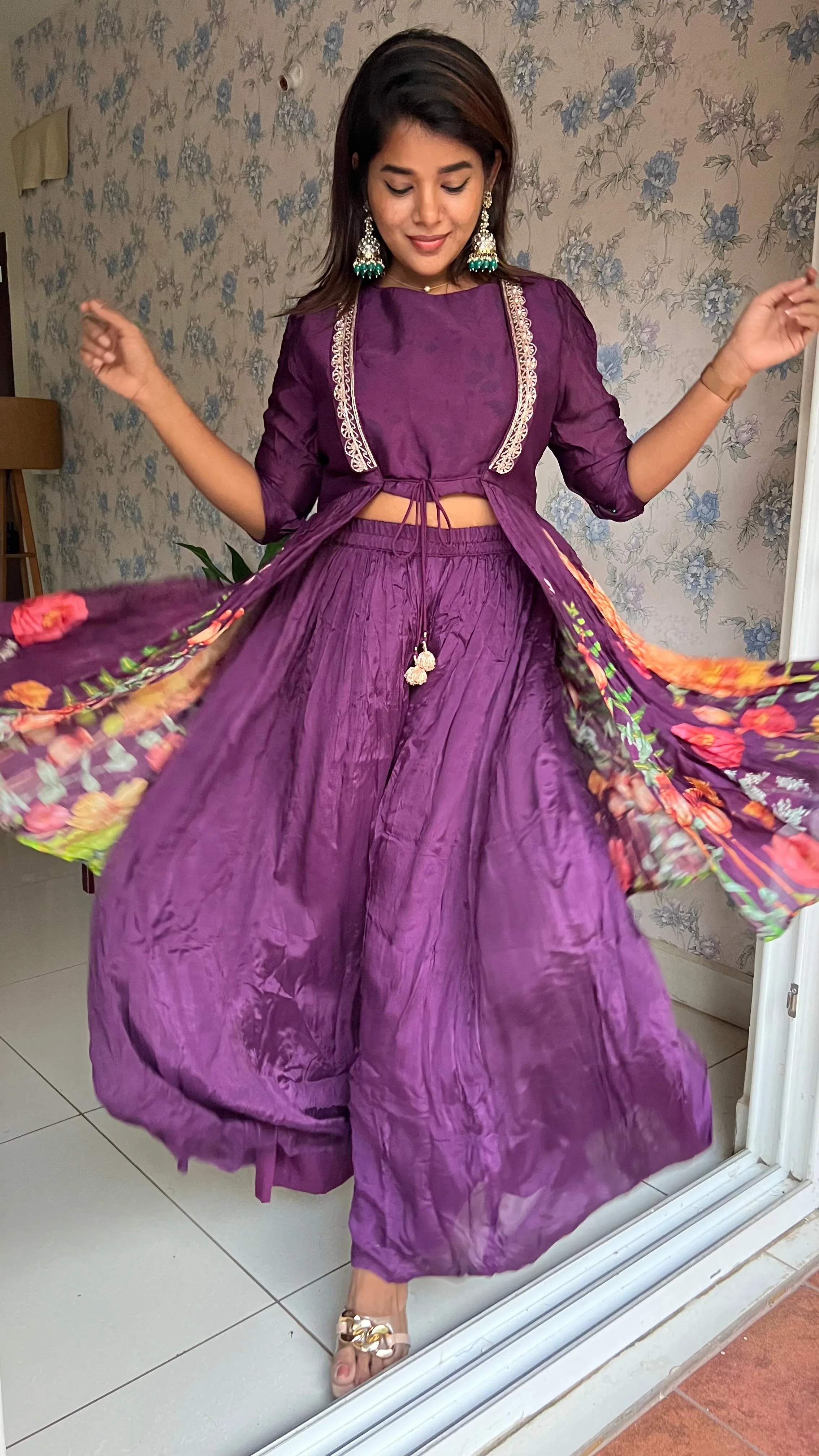 Purple chinnon floral embroidered 2 piece coord suit