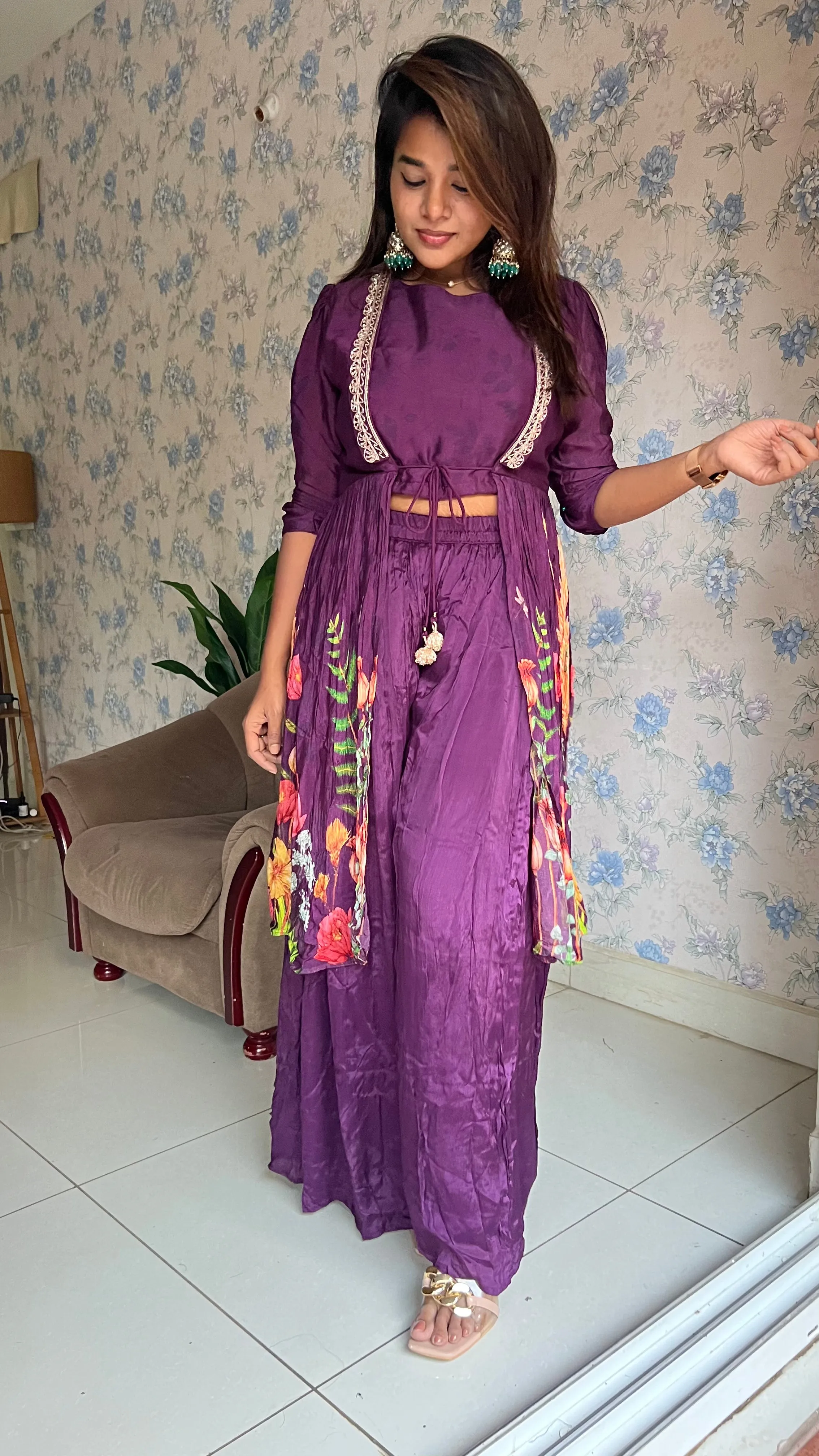 Purple chinnon floral embroidered 2 piece coord suit