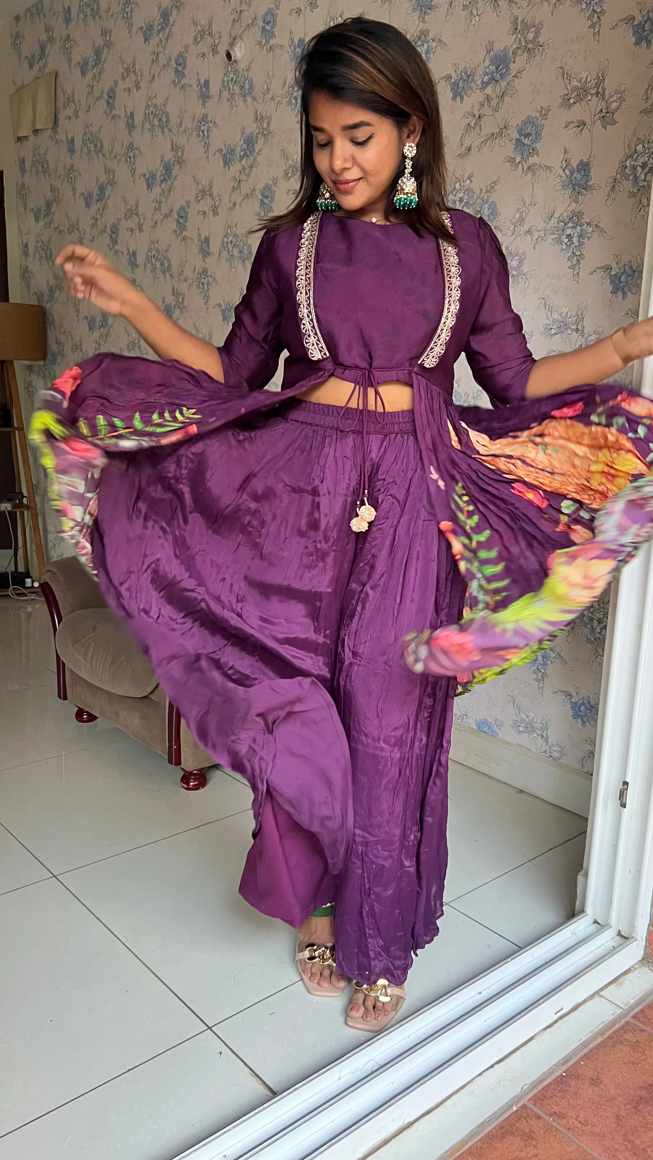 Purple chinnon floral embroidered 2 piece coord suit