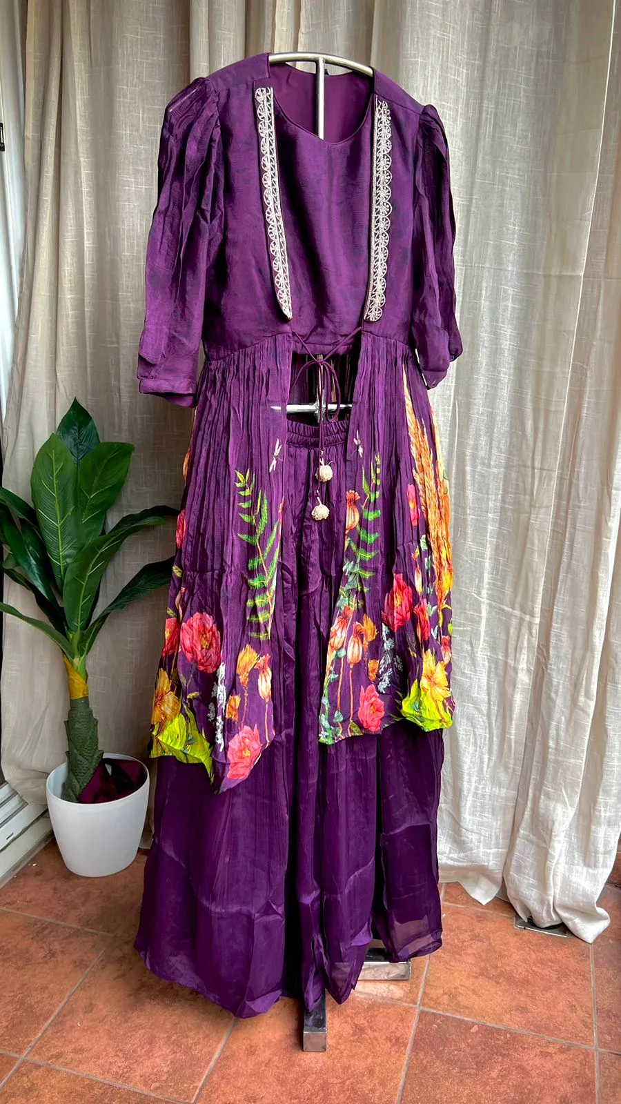 Purple chinnon floral embroidered 2 piece coord suit